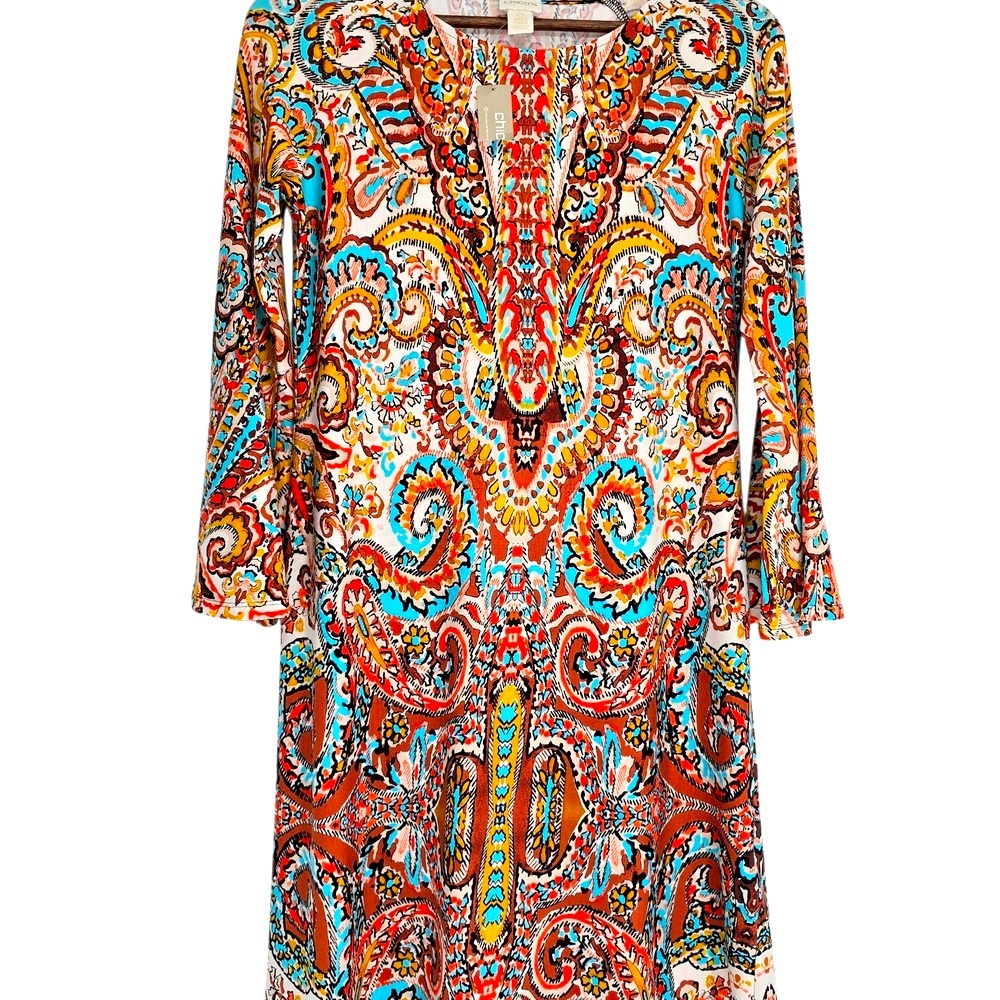 NWT Chico's Red & Gold & Blue Multicolor Paisley‎ Long Sleeve Dress Size 0